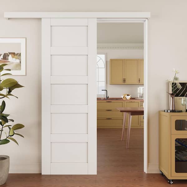 ARK DESIGN 28 in. x 80 in. Hidden Track Style 5-Lite Paneled White Primed MDF Sliding Barn Door with Hardware Kit