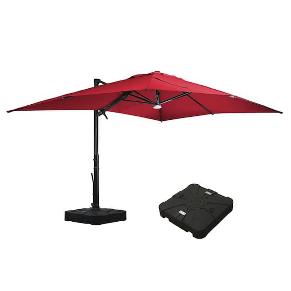 Mondawe 10 ft. x 13 ft. Aluminum Cantilever Outdoor Tilt Patio Umbrella in Red with Bluetooth LED Light, Base Weight Stand