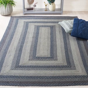 Braided Gray Blue 3 ft. x 5 ft. Border Striped Area Rug