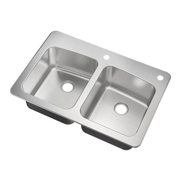 All-in-One Dual Mount Stainless Steel 33 in. 2-Hole 50/50 Double Bowl Kitchen Sink in Brushed Finish