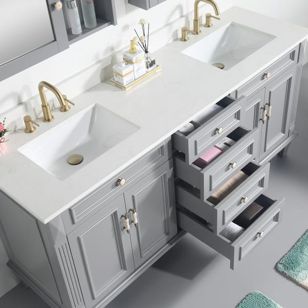 72 in. W x 22 in. D x 35 in. H Solid Wood Freestanding Double Sink Gray Bath Vanity with Carrera White Quartz Top