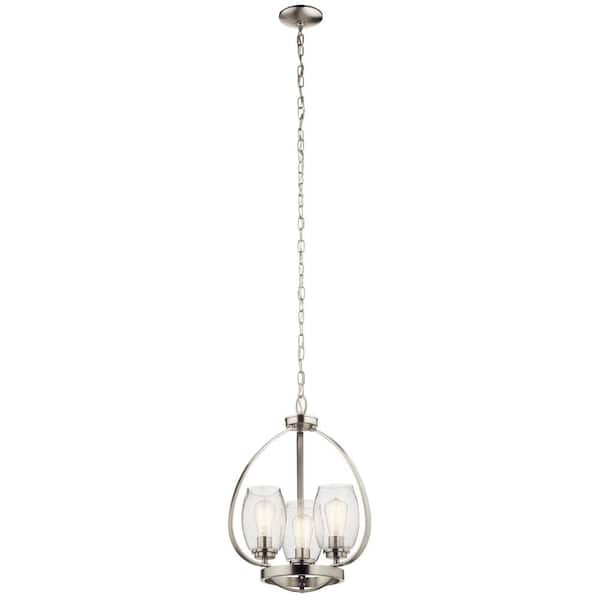 KICHLER Tuscany 17 in. 3-Light Brushed Nickel Farmhouse Shaded Cylinder Mini Chandelier for Dining Room