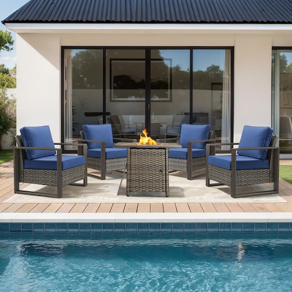 FanKan Gray 5-Piece Wicker Outdoor Glider Chair Patio Deep Seating with Rectangular Fire Table and Gray Cushions