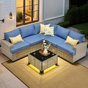 Kelleys 6-Piece Wicker Modern Outdoor Patio Conversation Sofa Sectional Set with Sky Blue Cushions