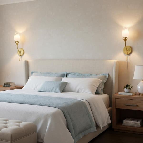 6 in. 1-Light Gold Wireless Dimmable Wall Sconce with Flower Art Glass Shade for Bedroom Living Room, 2-Pack