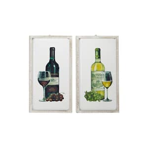 Large Red Wine and White Wine Metal Wall Art in White Wood Frames 17 in. x 33 in. (Set of 2)