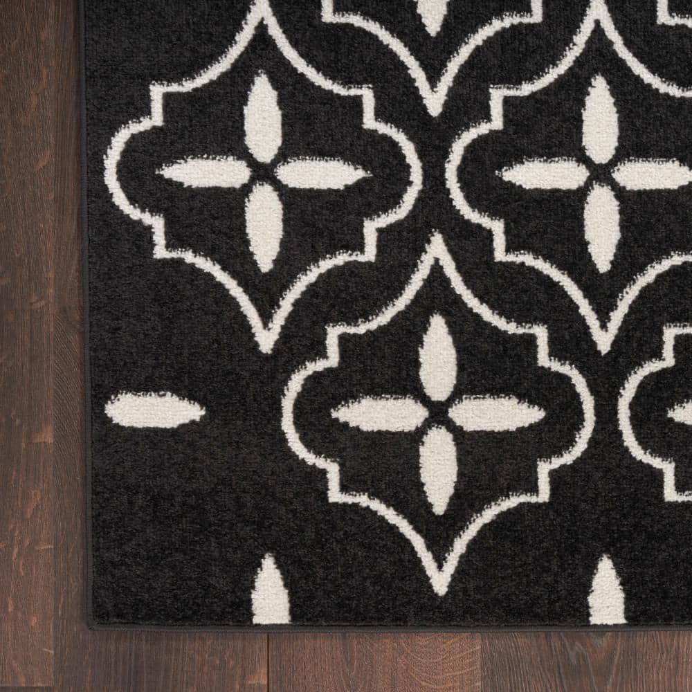 Black and Ivory Reversible Synthetic Runner Rug, 2'2" x 7'6"