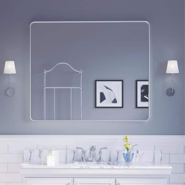 48 in. W x 40 in. H Rectangular Aluminum Framed Modern Silver Rounded Wall Mirror