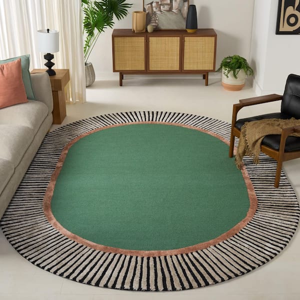 Fifth Avenue 8 ft. x 10 ft. Oval Green/Black Striped Border Solid Area Rug