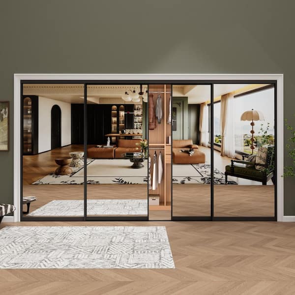 120 in. x 80 in. 1-Lite Black Mirrored Glass and Aluminum Frame Finished Closet Sliding Door with Hardware Kit