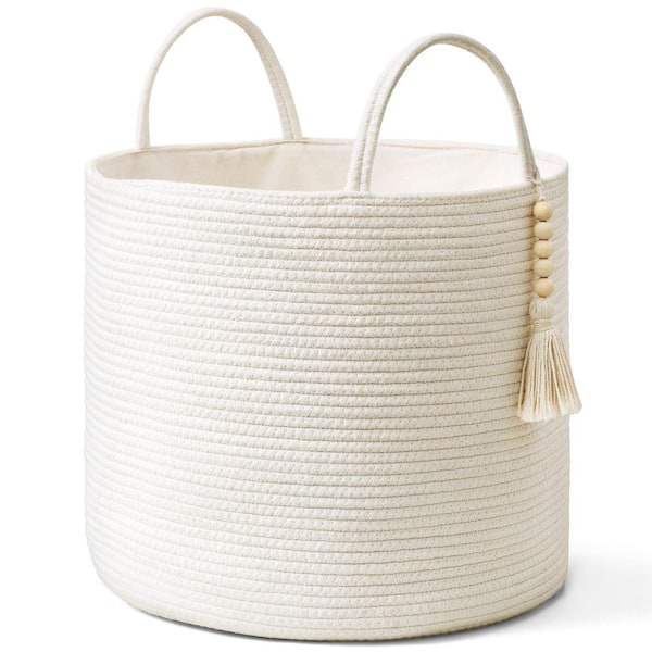 White 16" x 13.8" Woven Storage Basket Decorative Natural Rope Basket Wooden Bead Decoration, Plant Organizer Bin