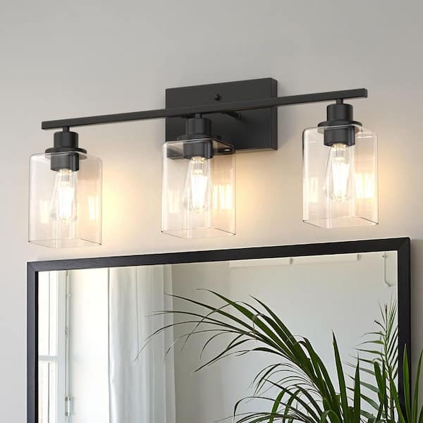 24 in. 3-Light Matte Black Industrial Bathroom Vanity Light with Clear Rectangular Glass Shades Over Mirror