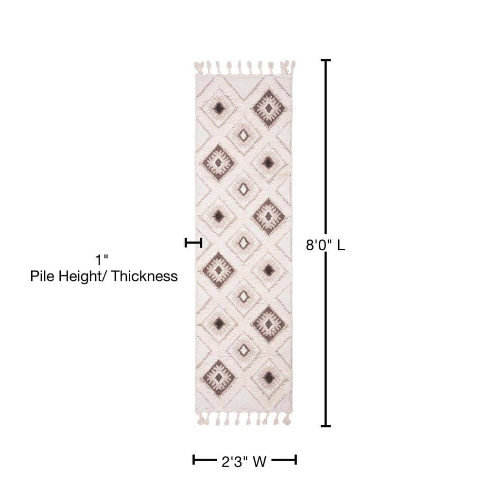 Ivory & Brown Diamond Braided Shag Runner Rug - Handmade Synthetic