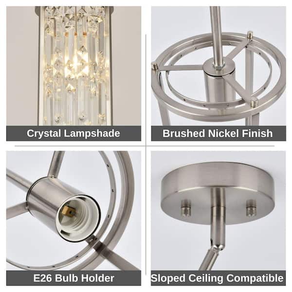 Jasslynn 60 Watt 1 Light Elegance Brushed Nickel Pendant Light with Cylinder Crystal Shade for Kitchen Foyer Bathroom