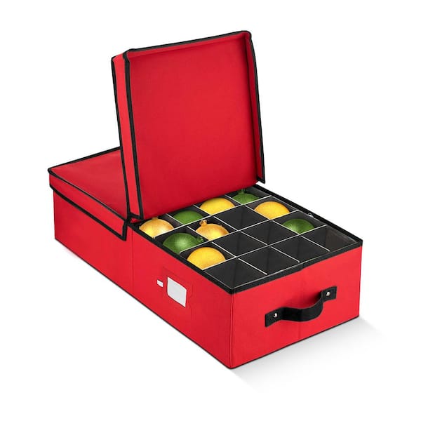 OSTO 6 in. Red 600D Polyester Holiday Ornament Storage Box with Trays 64-Ornaments