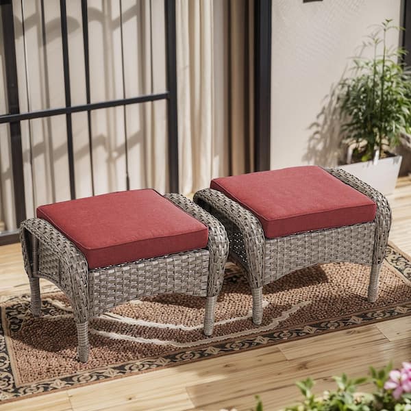 Gymojoy Carlos Gray Wicker 2-Piece Outdoor Ottoman Steel Frame Patio Footstools with Red Cushion