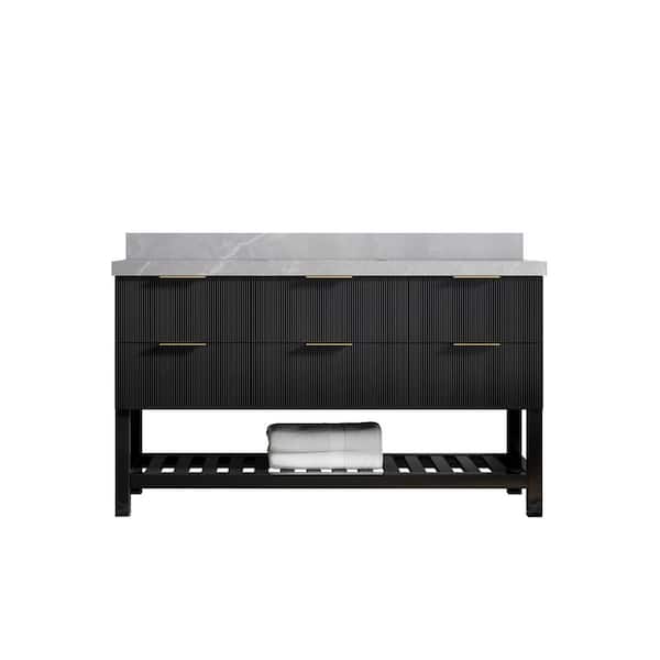 Willow Collections Catalina 60 in. W x 22 in. D x 36 in. H Single Sink Bath Vanity in Black with 2" Light Gray Quartz Top