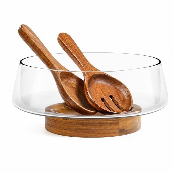 170 oz. Hand Blown Glass Salad Bowl Set with Acacia Wood Base and Serving Utensils, Extra Large, Elegant and Practical