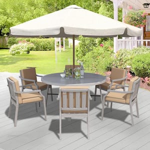 7-Piece Wood Outdoor Dining Set (Round table with an Umbrella Hole) and Brown Cushions for Patio, Backyard, Garden