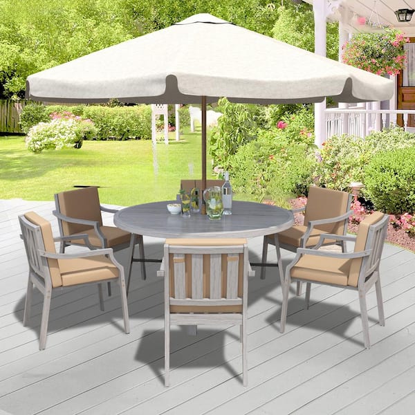 Unbranded 7-Piece Wood Outdoor Dining Set (Round table with an Umbrella Hole) and Brown Cushions for Patio, Backyard, Garden