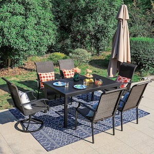 Black 7-Piece Patio Outdoor Dining Set with Rectangle Extensible Table and Rattan Swivel Chair