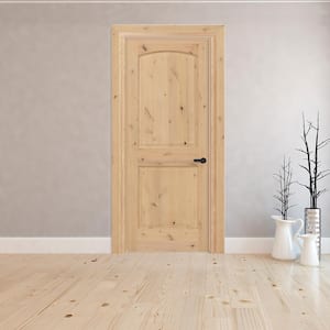 28 in. x 80 in. 2-Panel Round Top Left-Hand Unfinished Knotty Alder Single Prehung Interior Door with Nickel Hinges