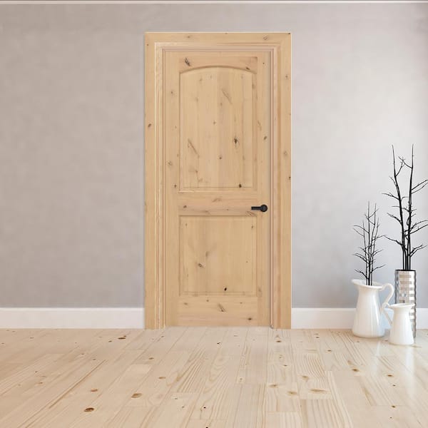 36 in. x 80 in. 2-Panel Round Top Left-Hand Unfinished Knotty Alder Single Prehung Interior Door with Bronze Hinges