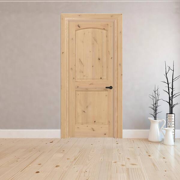 32 in. x 80 in. Universal 2-Panel Round Top Unfinished Knotty Alder Wood Interior Door Slab with Bore