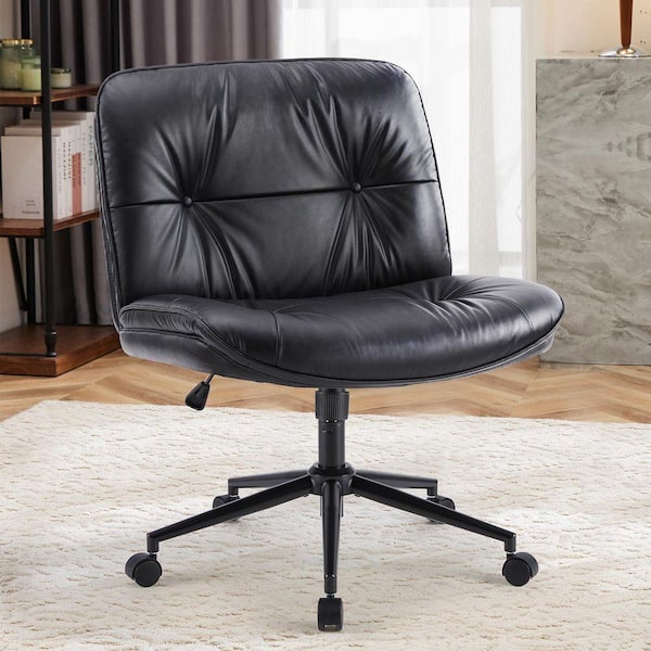 PU Leather Adjustable Height Wide Seat Criss Cross Task Chair in Night Black with Armless & Changeable Feet
