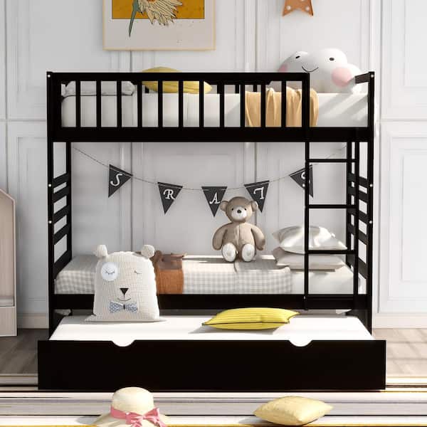 Brown Twin Bunk Beds for Kids with Safety Rail and Movable Trundle Bed