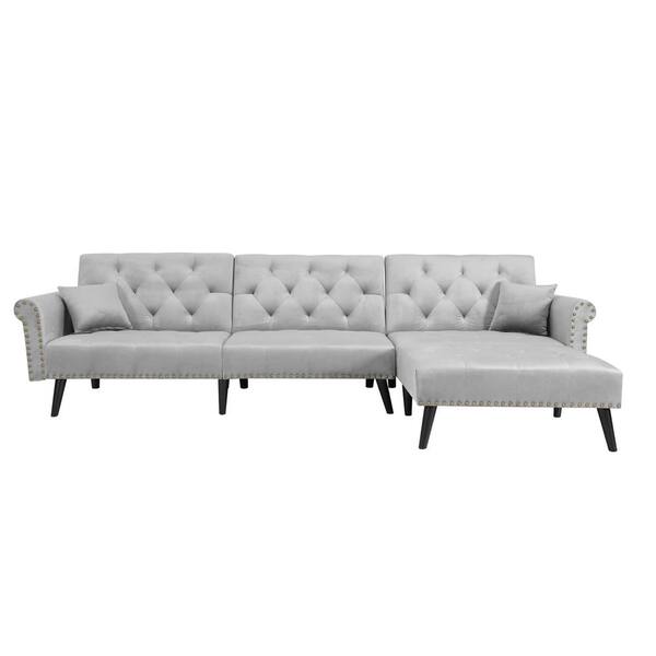 FORCLOVER 115 In. Light Gray 4-Seat Velvet Convertible Twin Sleeper Sofa Bed with Metal Nails
