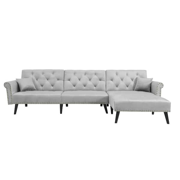FORCLOVER 115 in. 2-Piece Light Gray Velvet Twin Sleeper Sofa Bed with Metal Nails