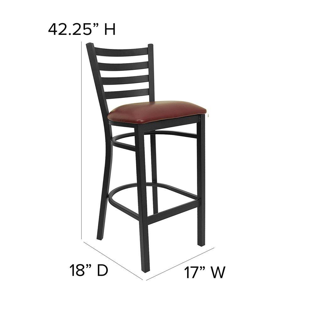 Black Metal Ladder Back Bar Stool with Burgundy Vinyl Seat