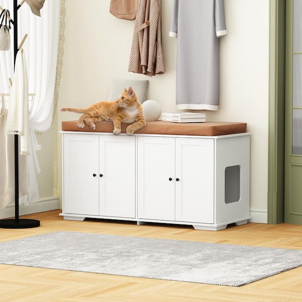 FUFU&GAGA Cat Litter Box Enclosure for 2 Cats, Modern Hidden Litter Box Furniture, Indoor Cat Washroom Bench for Living Room White
