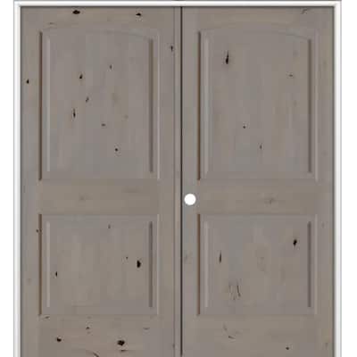 48 in. x 80 in. Rustic 2-Panel Arch Top Right Active Weathered Gray Stain Knotty Alder Wood Double Prehung Interior Door