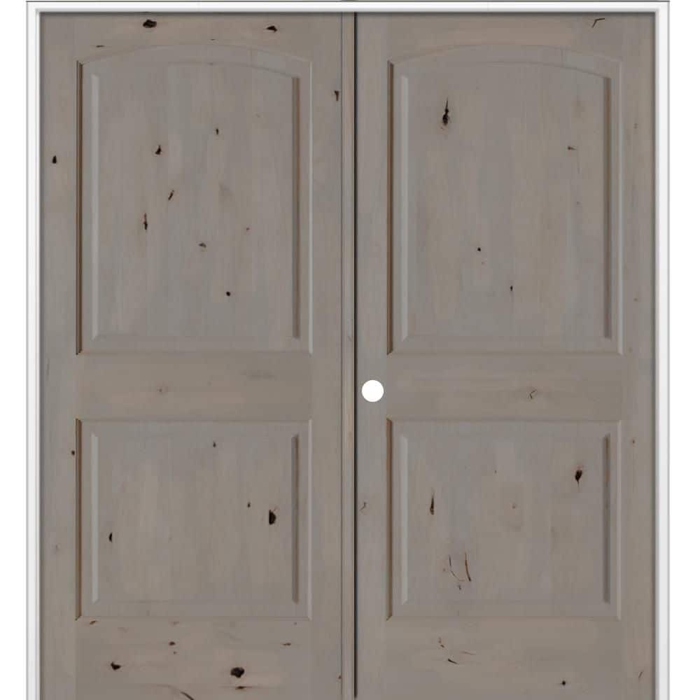 56 in. x 80 in. Rustic 2-Panel Arch Top Right Active Weathered Gray Stain Knotty Alder Wood Double Prehung Interior Door price history on PriceWatchPro