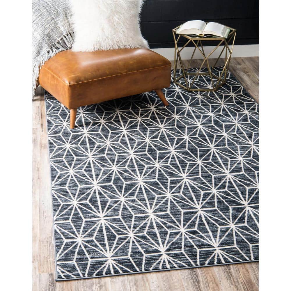 Navy Blue and Ivory Rectangular Easy-Care Area Rug 8' x 10'
