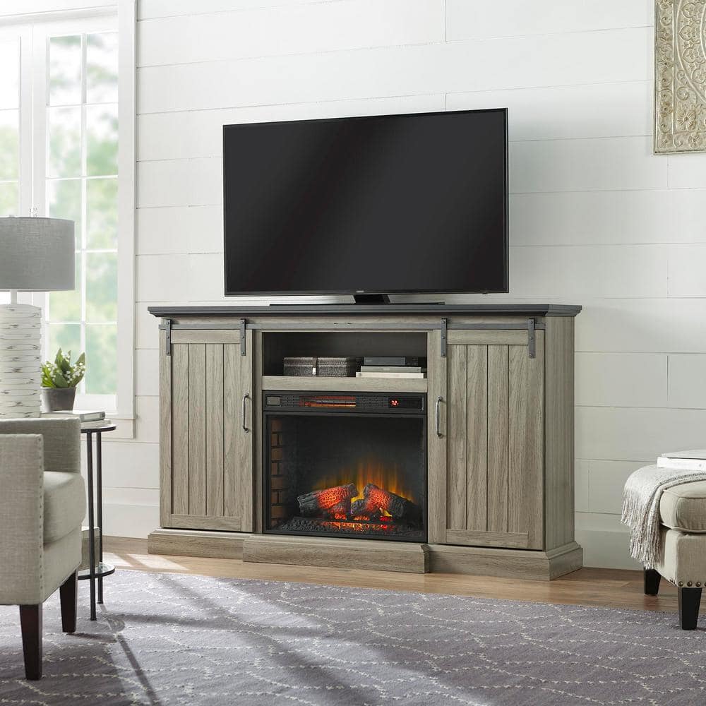 Sliding barn door tv deals stand with fireplace