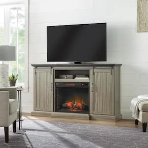 Chastain 68 in. Freestanding Media Console Electric Fireplace TV Stand with Sliding Barn Door Fireplace in Ash
