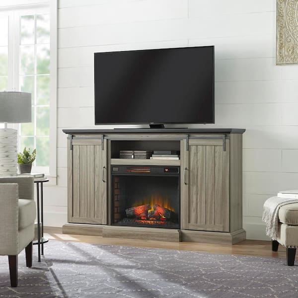 Home Decorators Collection Chastain 68 in. Freestanding Media Console Electric Fireplace TV Stand with Sliding Barn Door Fireplace in Ash