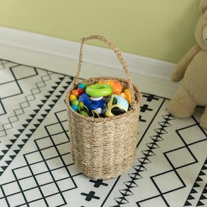 Beige Decorative Woven Natural Seagrass Storage Basket with Built in Woven Handles