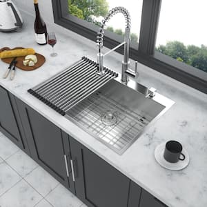28 in. Drop-in Single Bowl 18 Gauge Brushed Nickel Stainless Steel Kitchen Sink with Bottom Grids