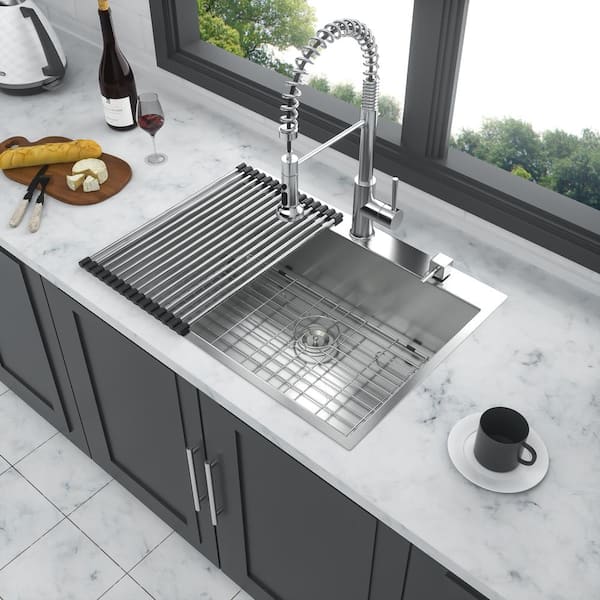 Staykiwi 28 in. Drop-in Single Bowl 18 Gauge Brushed Nickel Stainless Steel Kitchen Sink with Bottom Grids