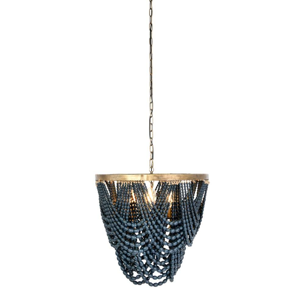 Blue Wood Bead 2-Tier Chandelier with Gold Frame
