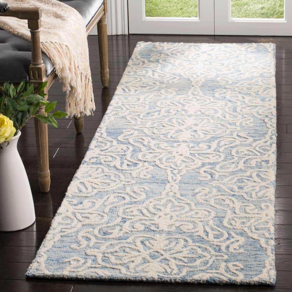 Country Casual Blue Floral Hand-Tufted Wool Runner Rug 2'3" x 10'