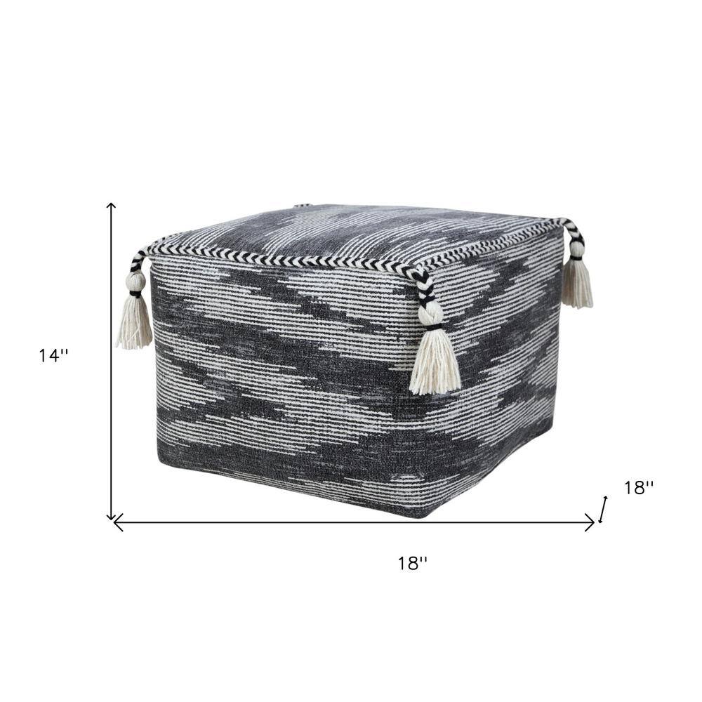 Gray and Ivory Cotton Geometric Pouf with Tassels
