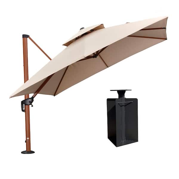 PURPLE LEAF 10 ft. Square High-Quality Wood Pattern Aluminum Cantilever Polyester Patio Umbrella with Base in Ground, Beige