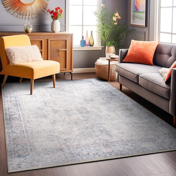 Transitional Distressed Vintage Machine Washable Blue 3 ft. 3 in. x 5 ft. Area Rug