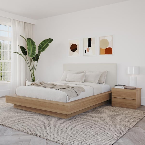 Marko 3-Piece Brown Oak Wood Queen Size Bedroom Set with Upholstered Headboard