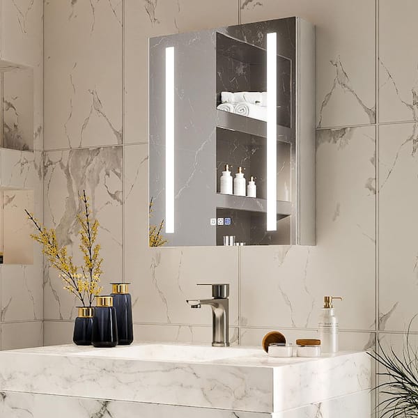 Unbranded 20 in. W x 26 in. H Silver Recessed/Surface Mount Lighted Medicine Cabinet with Mirror,Dimming,Defog,Open Door On Left